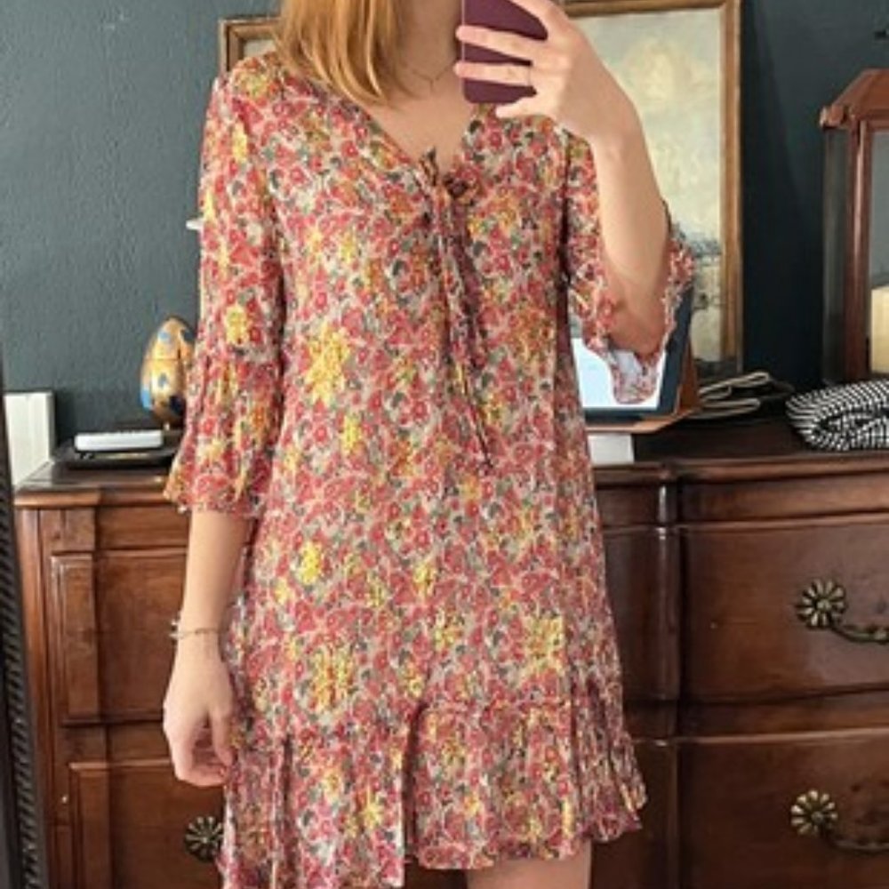 Sezane mini dress shimmery gold floral long sleeve tie front